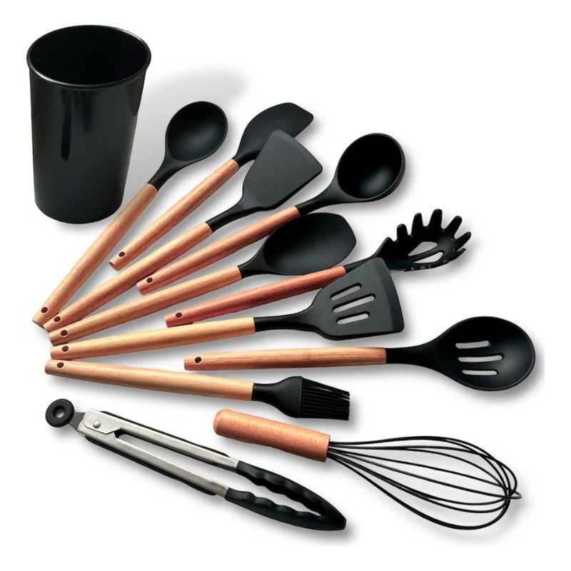 Kit C12 Utensílios De Cozinha Silicone Cabo Madeira