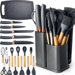 #33 Kit Utensílios Silicone C/ Cabo De Madeira E Facas Em Inox