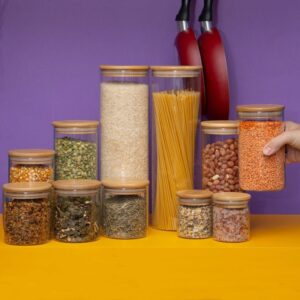 Kit 11 potes de vidro com tampa de bambu herméticos redondos
