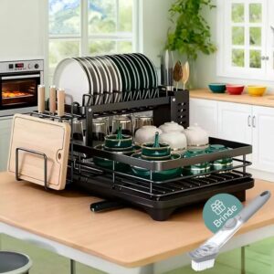#32 Escorredor De Louça Secador De Pratos Cozinha Aço Inox Preto 2 Andar Porta Talher Tigela E Copos Brielli Home